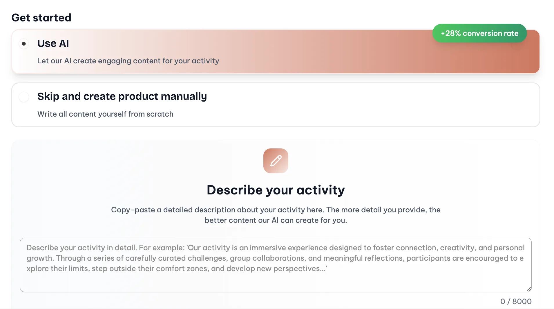 Get started screen with Use AI selected by default and a Describe your activity textarea below