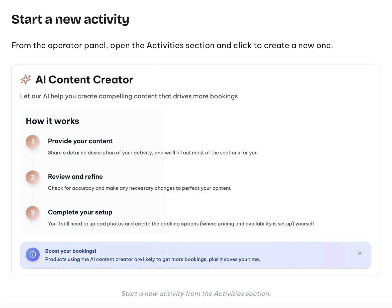 AI Content Creator card explaining the three steps: provide content, review and refine, complete setup