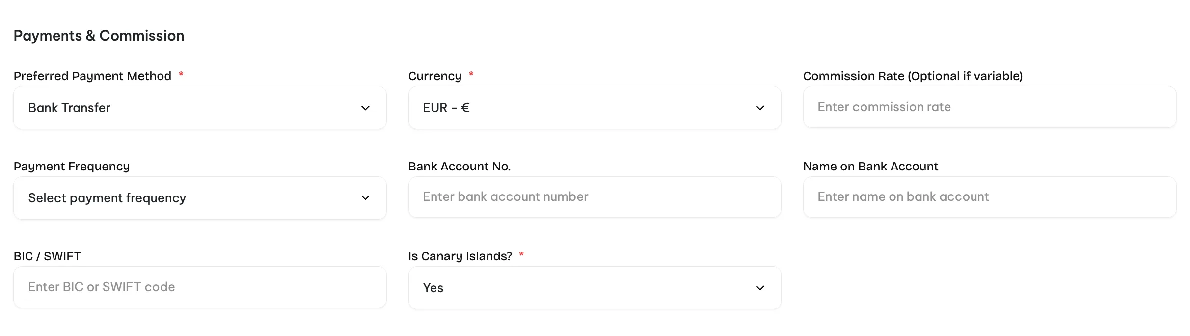 Operator account details showing IBAN and fiscal fields that can be edited