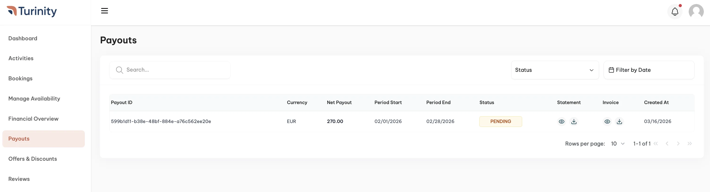Payouts page in the operator panel: a table with payout ID, currency, net payout, period start and end, status, and download icons for statement and invoice PDFs