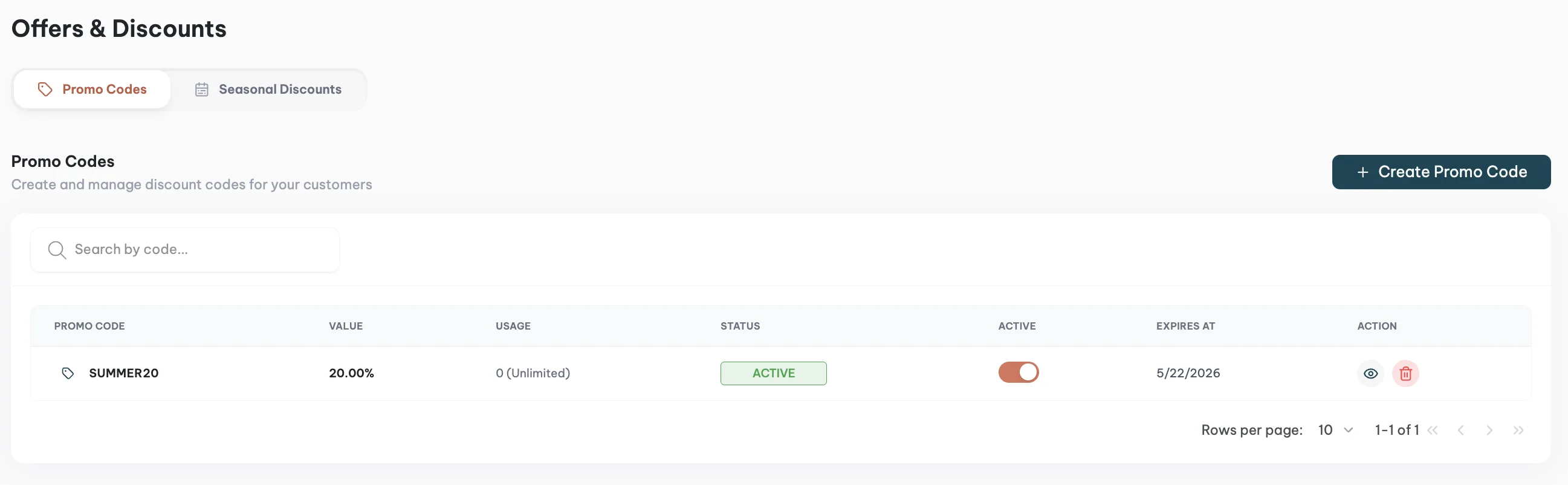 Operator panel section for creating and managing promo codes