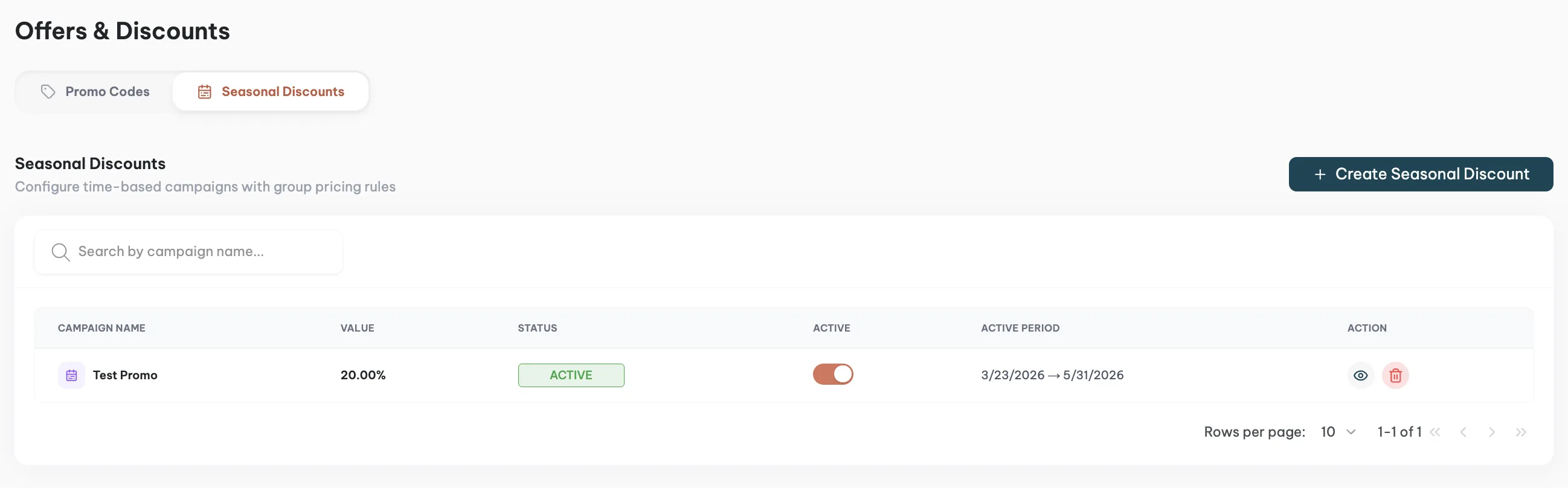 Operator panel section for configuring seasonal discounts